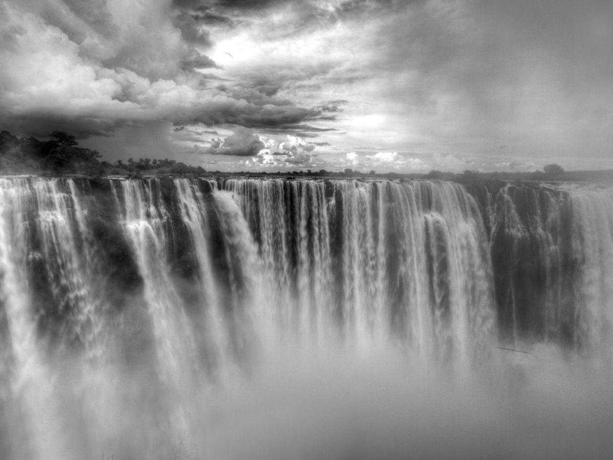 black and white image of victoria falls cascades