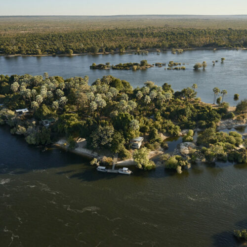 View from above of the Island Treehouse Suites in the middle of the Zambezi River